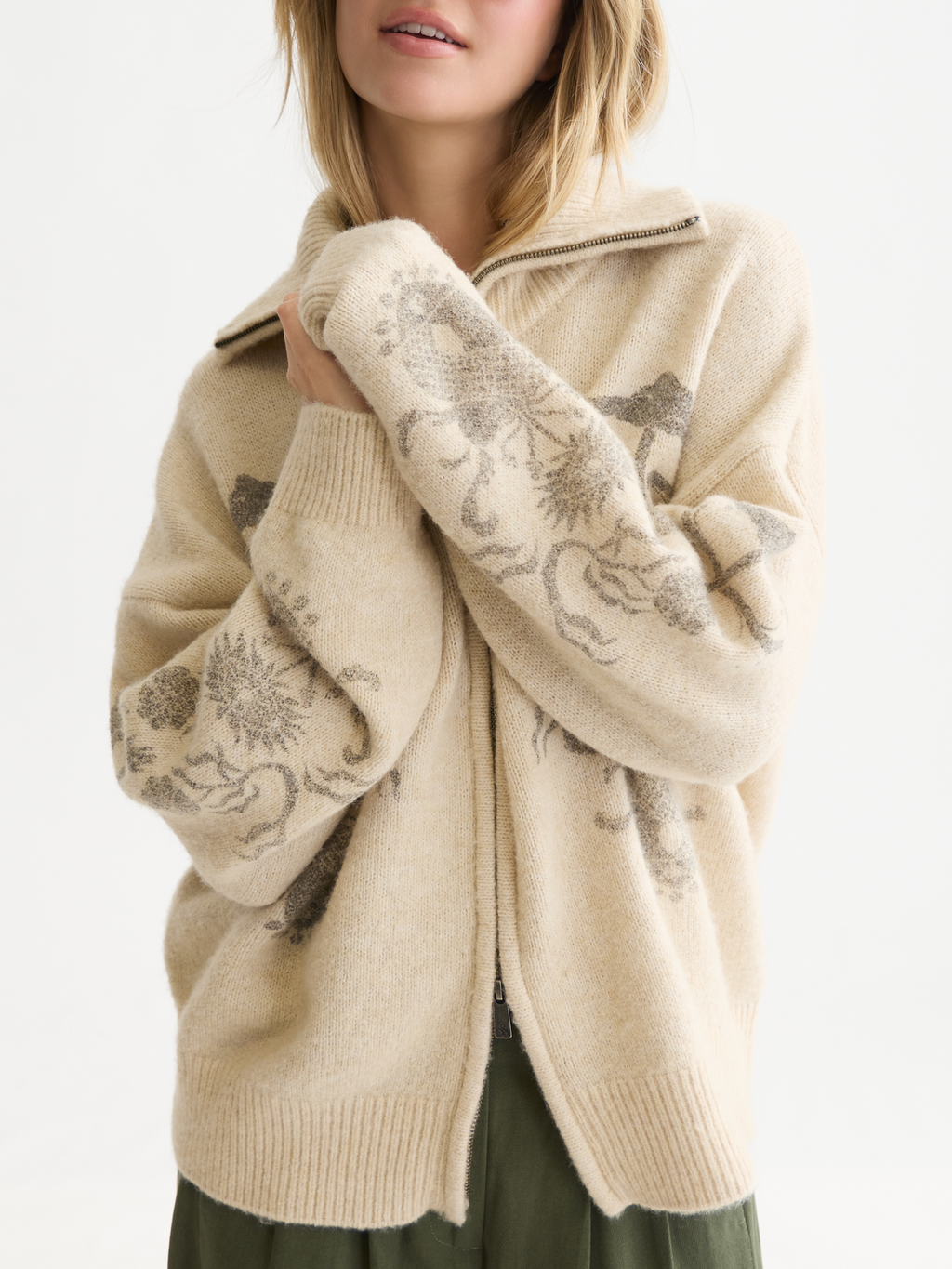 Printed Zip-Up Wool-Blend Oversized Cardigan