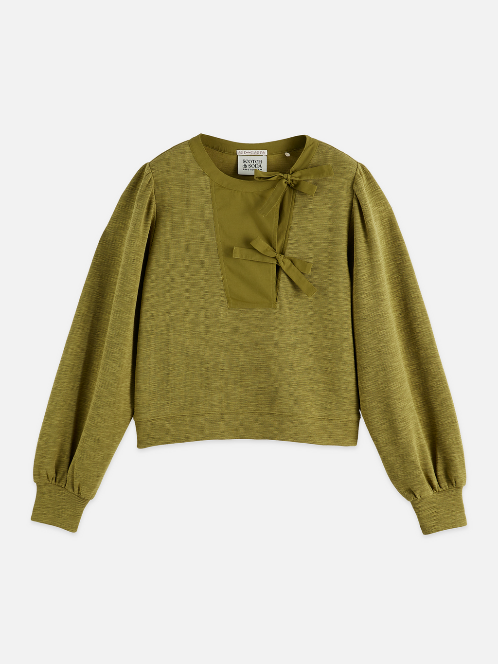 Open neck sweatshirt with woven front placket