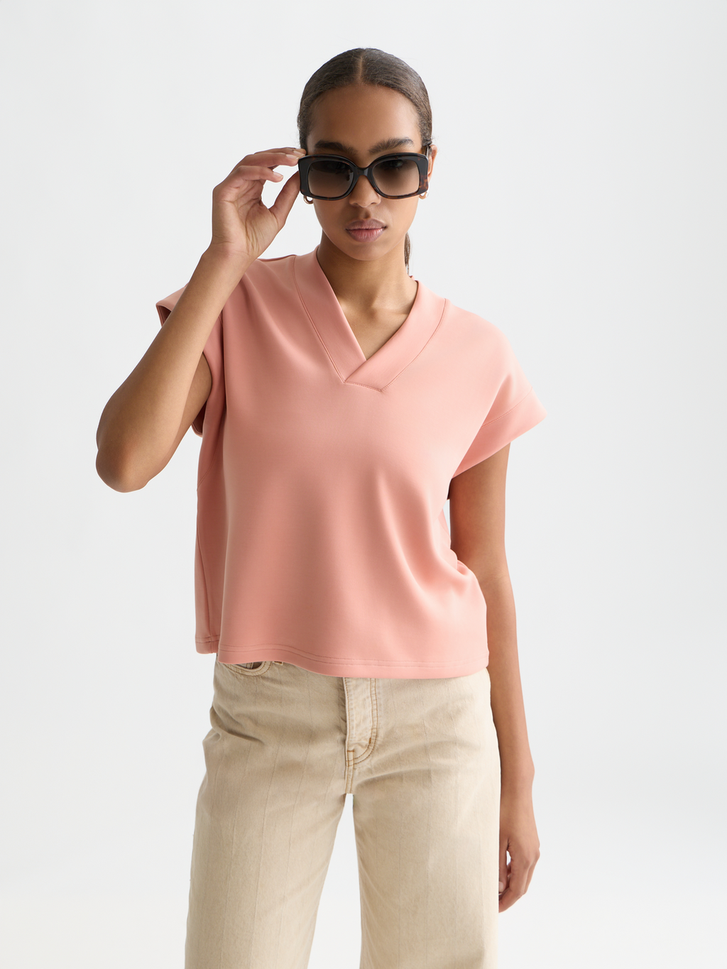 Tencel V-neck short sleeve sweatshirt