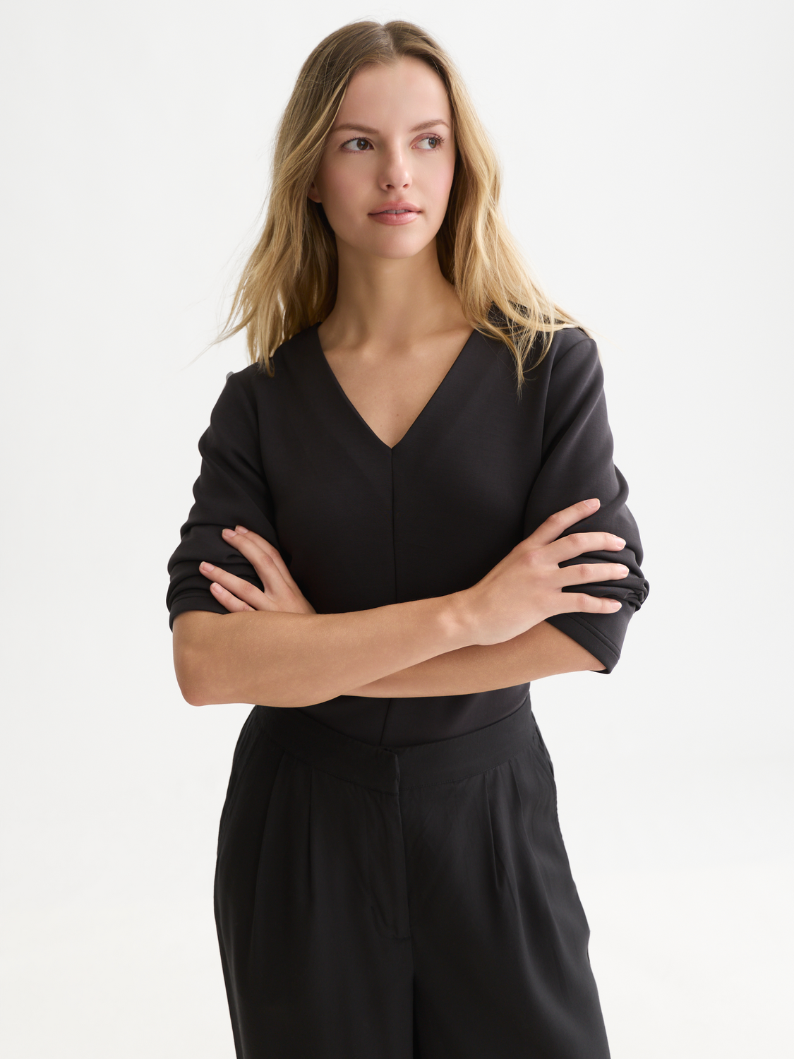 Lyocell-Blend V-Neck Fitted Sweatshirt