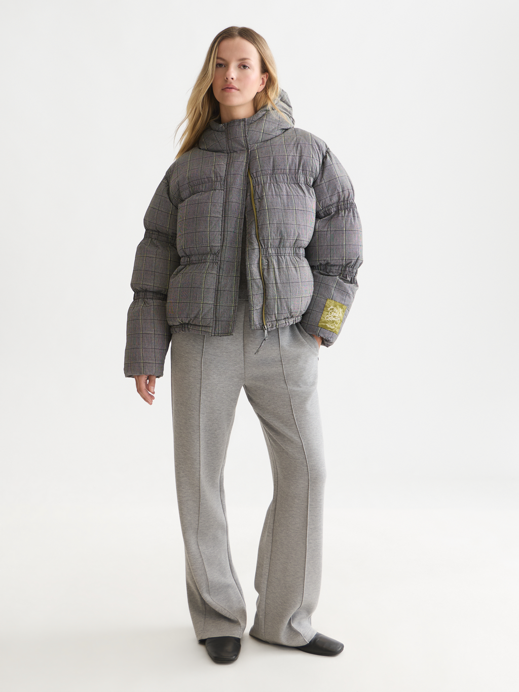Printed Check Short Nylon Puffer Jacket