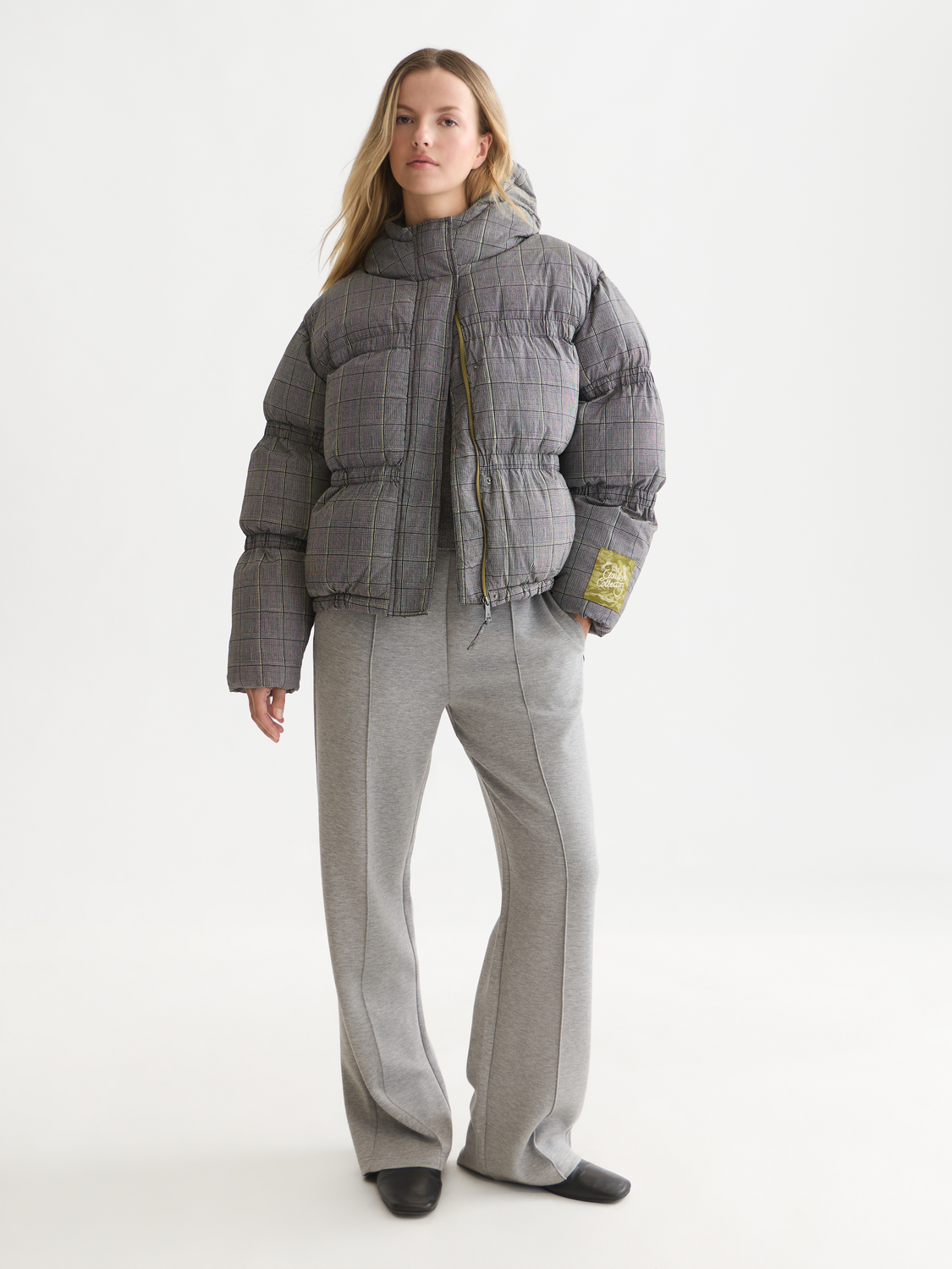 Printed Check Short Nylon Puffer Jacket