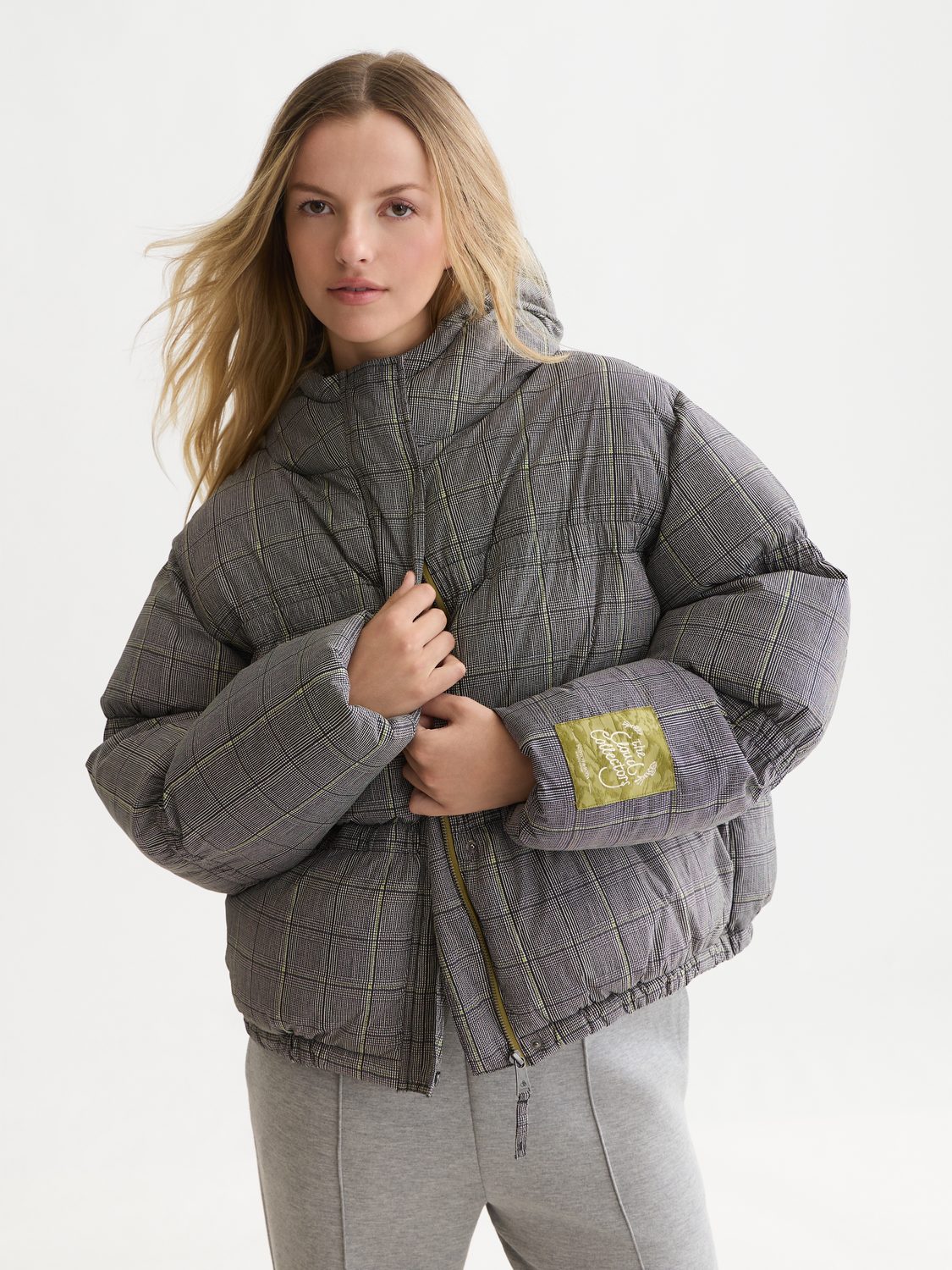 Printed Check Short Nylon Puffer Jacket