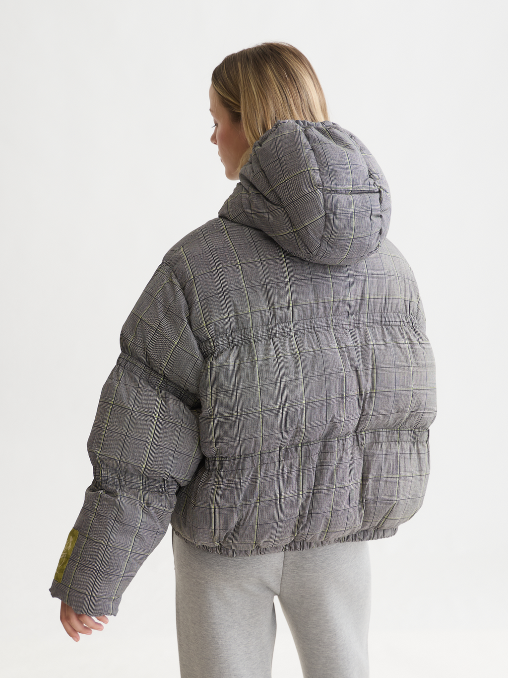 Printed Check Short Nylon Puffer Jacket