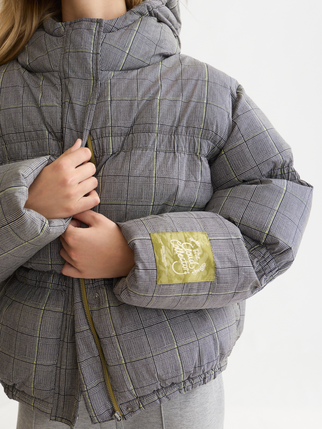 Printed Check Short Nylon Puffer Jacket