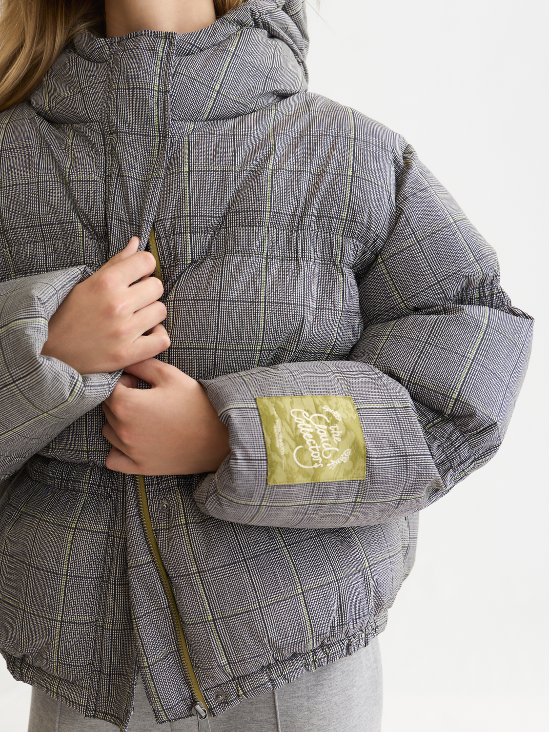 Printed Check Short Nylon Puffer Jacket