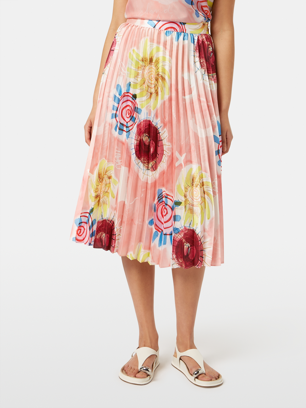 Printed pleated high rise midi skirt