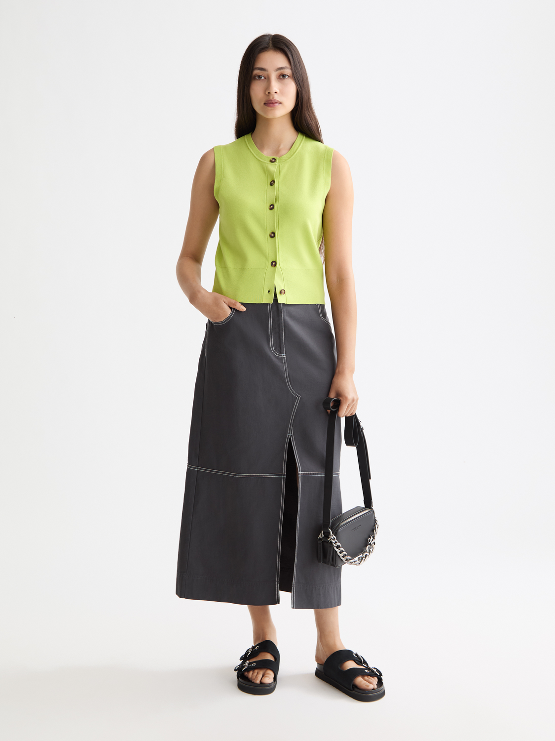 Workwear midi skirt with front slit