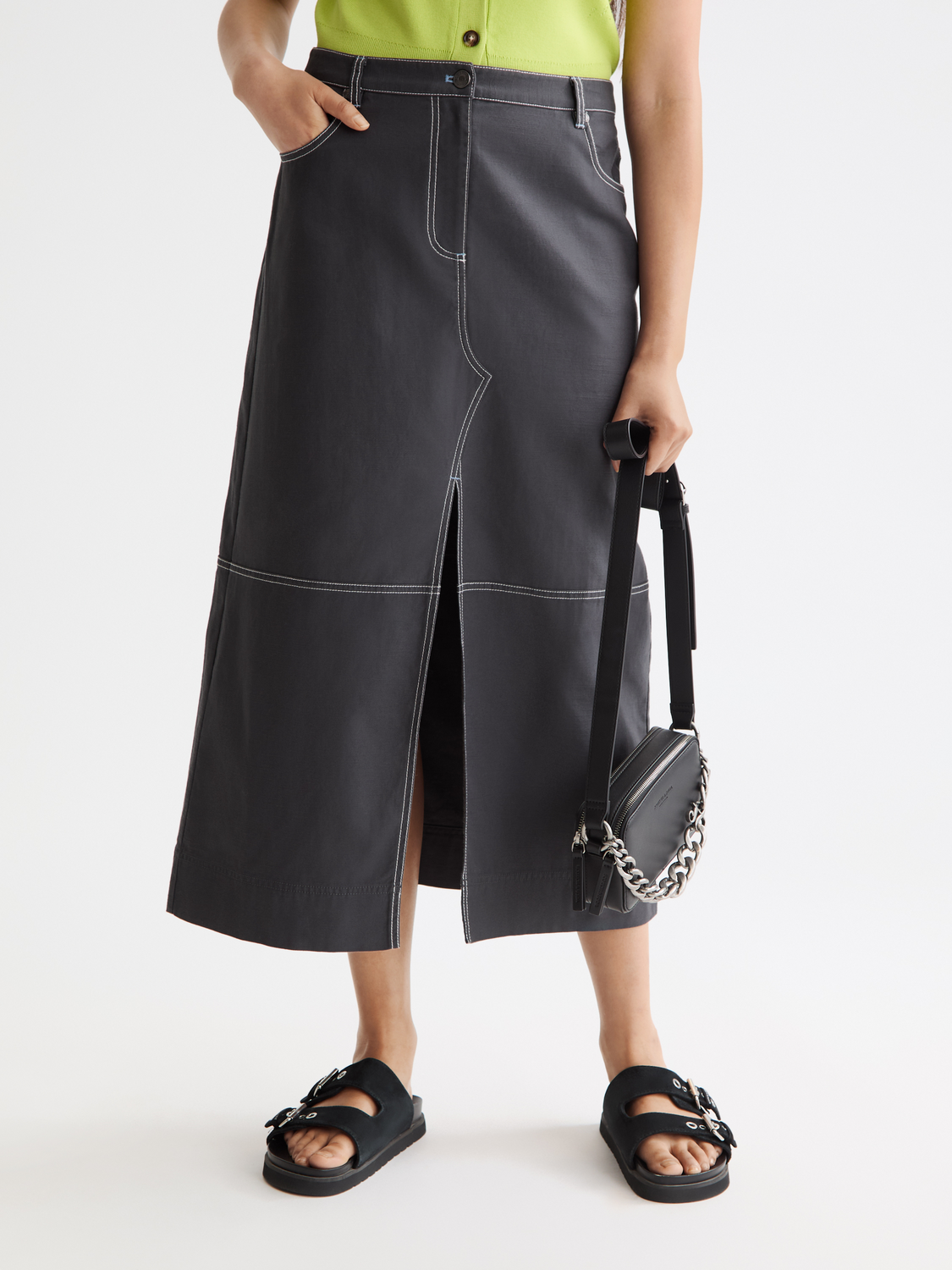 Workwear midi skirt with front slit