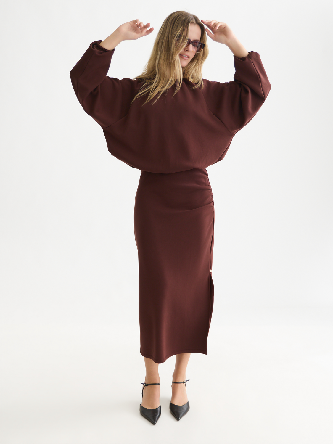 Draped Lyocell-Blend High-Waist Midi Skirt
