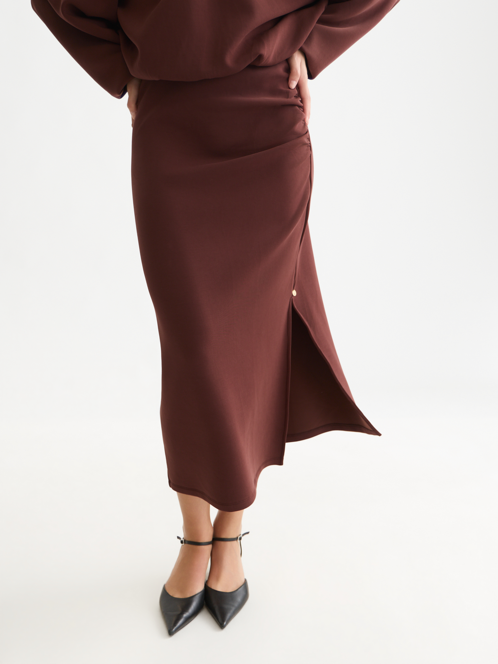 Draped Lyocell-Blend High-Waist Midi Skirt