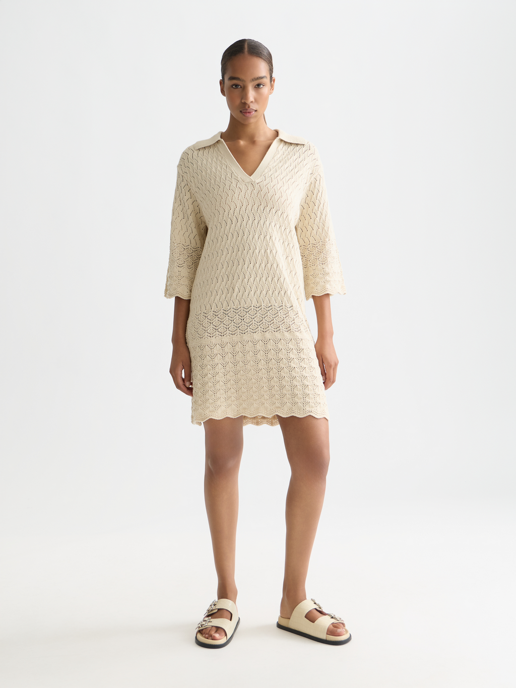 Pointelle stitch knitted short tunic dress
