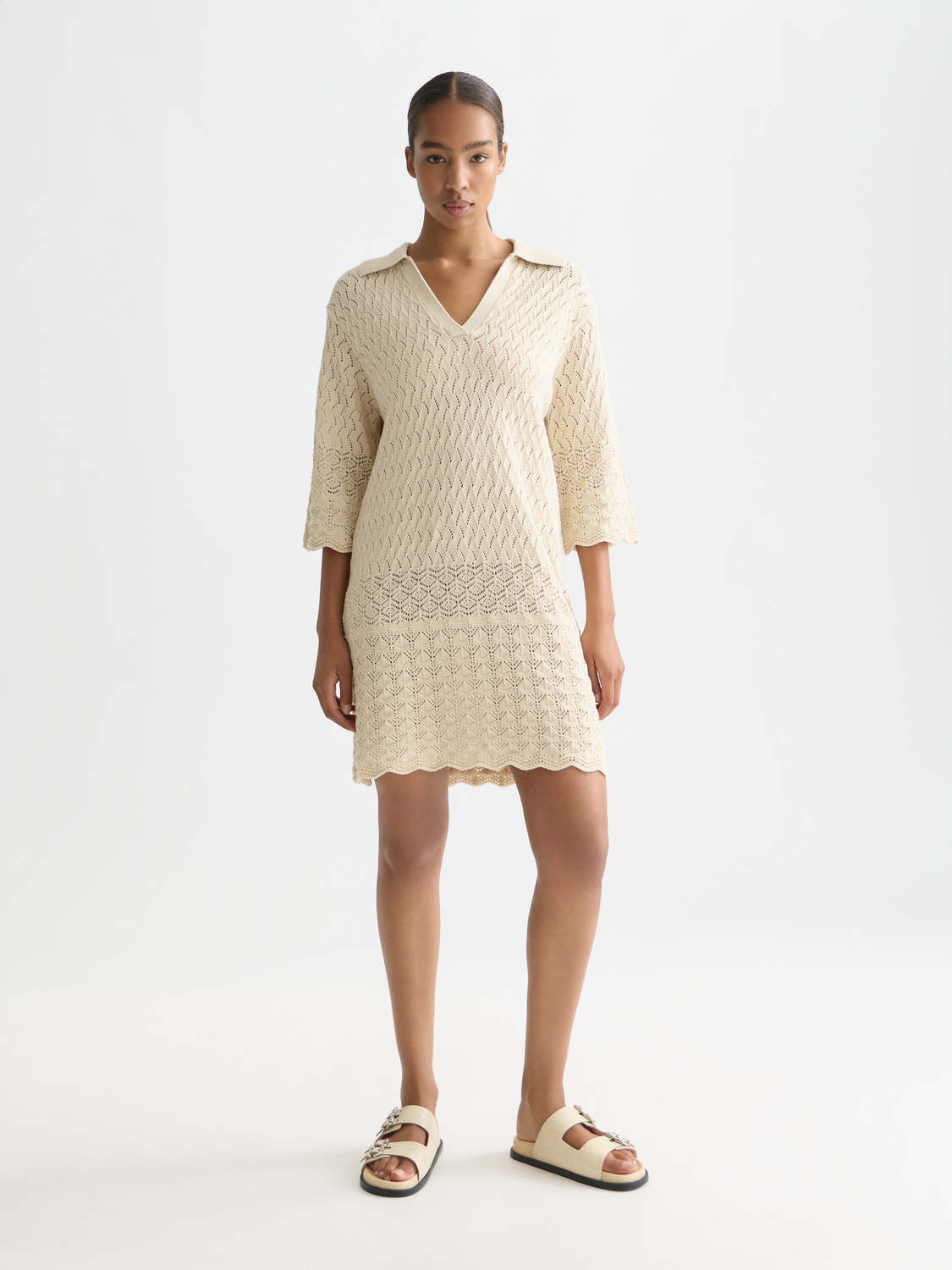 Pointelle stitch knitted short tunic dress