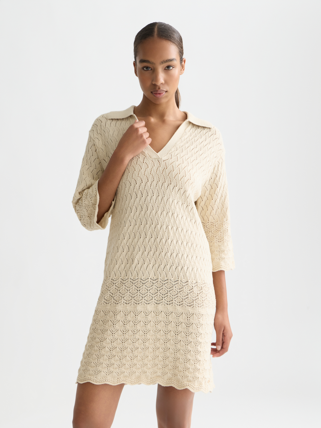 Pointelle stitch knitted short tunic dress