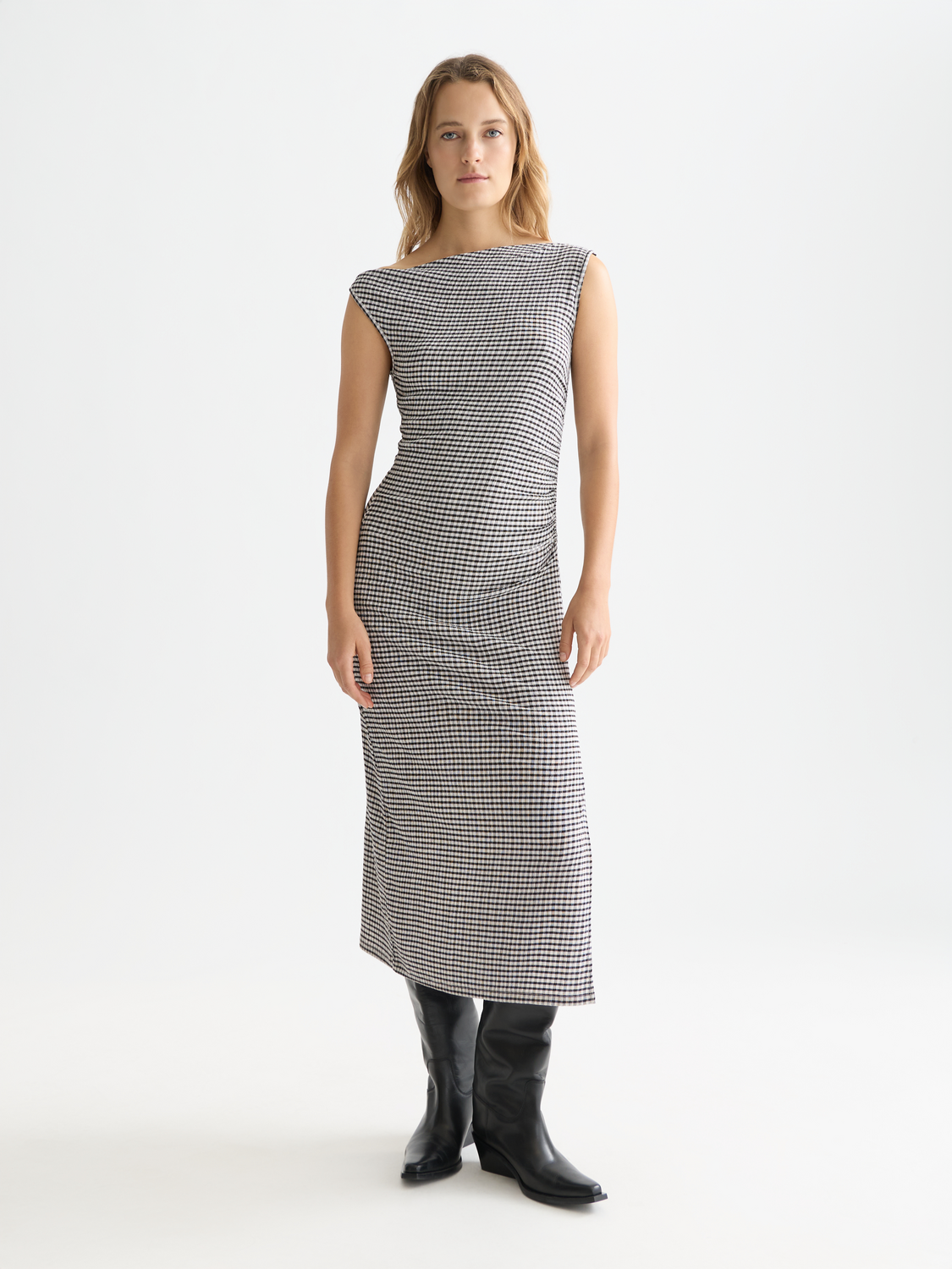 Structured gingham drapey midi dress