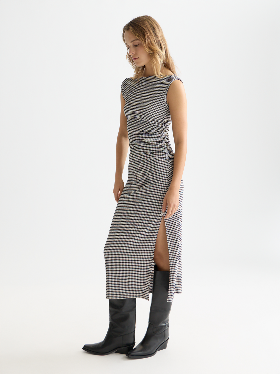 Structured gingham drapey midi dress