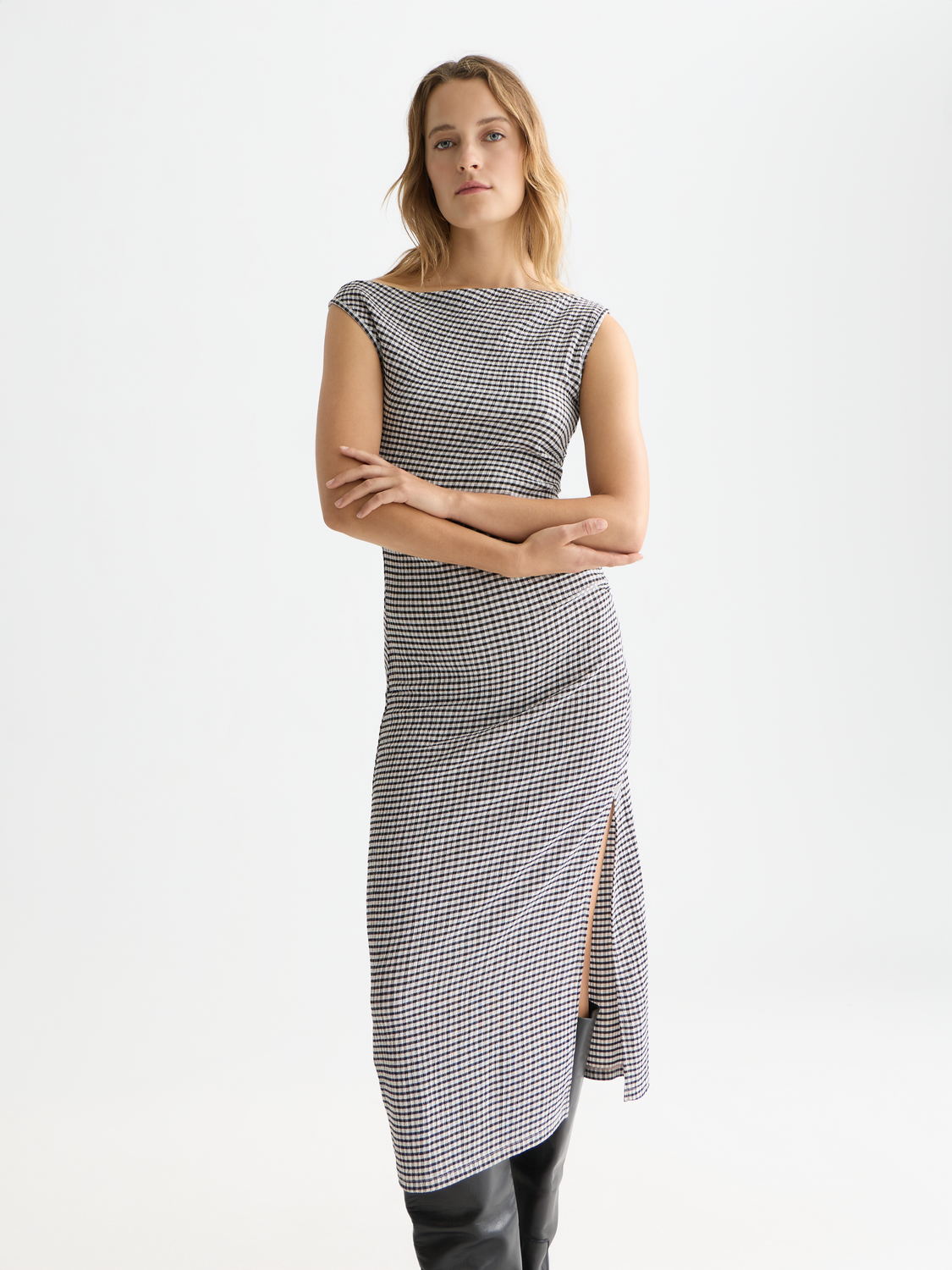 Structured gingham drapey midi dress