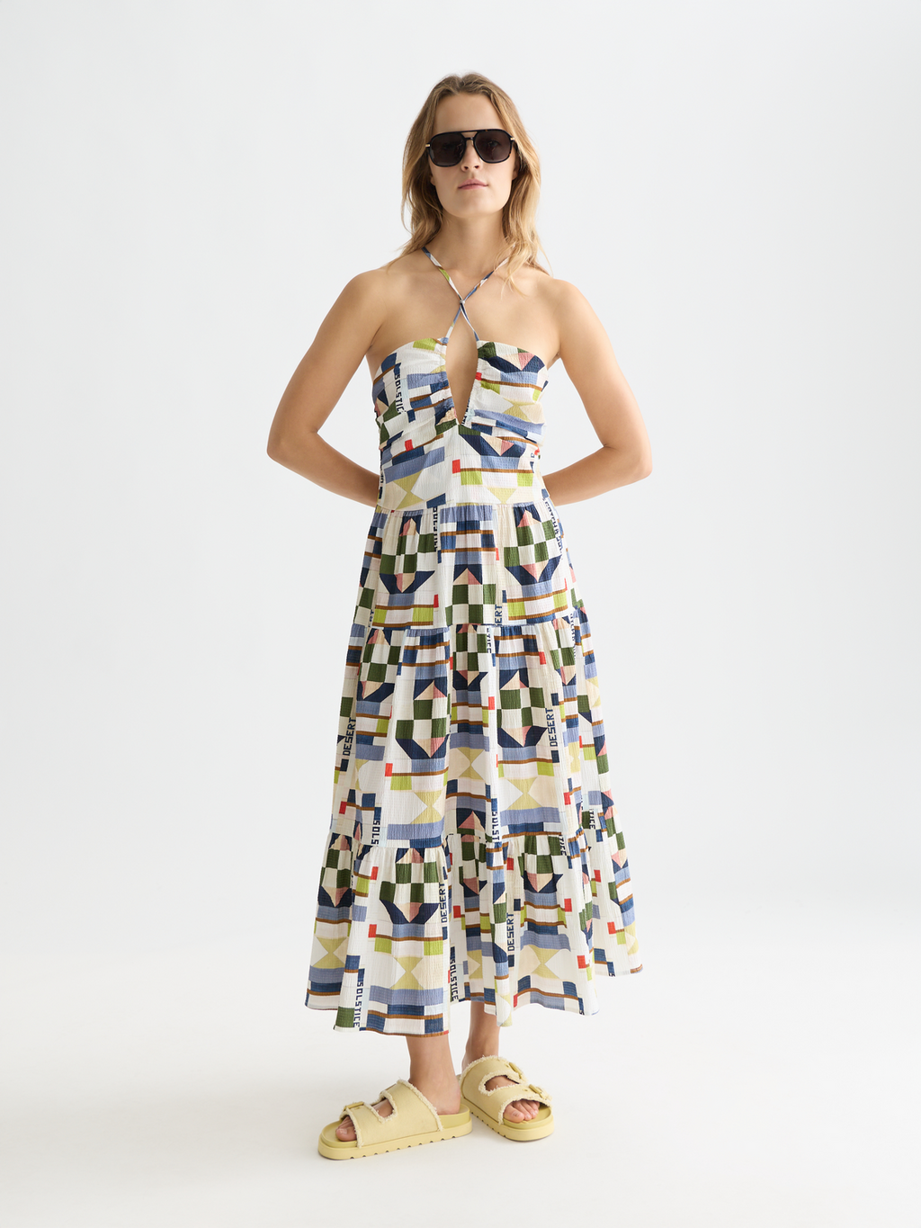 Cotton seersucker keyhole halter midi dress
