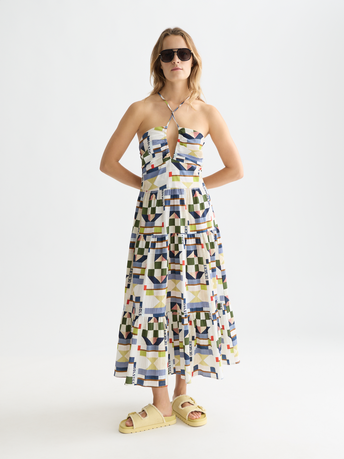 Cotton seersucker keyhole halter midi dress