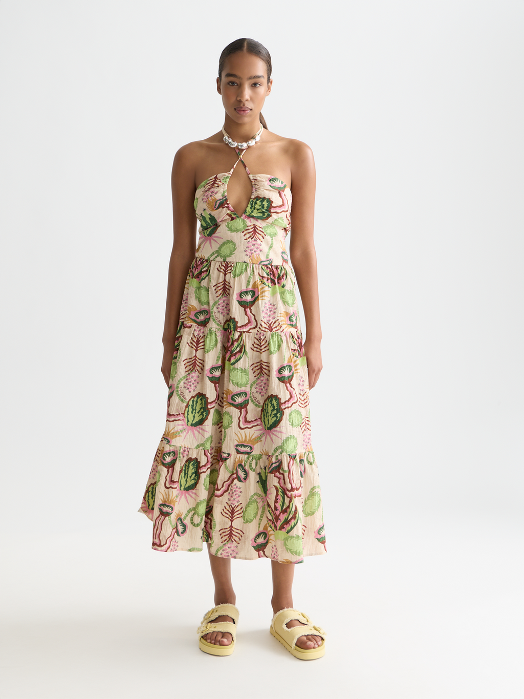 Cotton seersucker keyhole halter midi dress