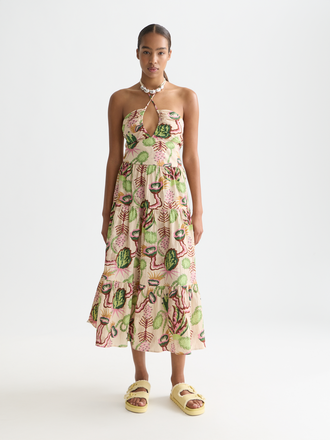 Cotton seersucker keyhole halter midi dress