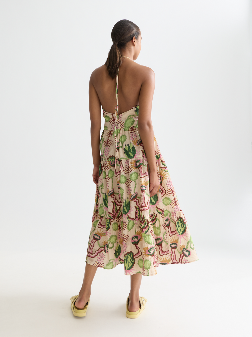 Cotton seersucker keyhole halter midi dress