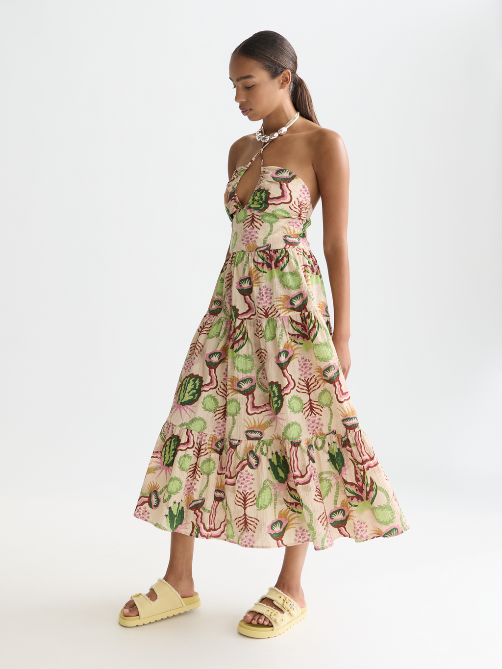 Cotton seersucker keyhole halter midi dress