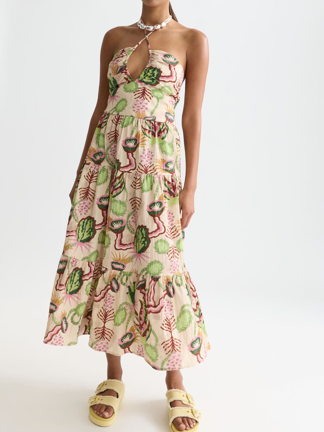 Cotton seersucker keyhole halter midi dress