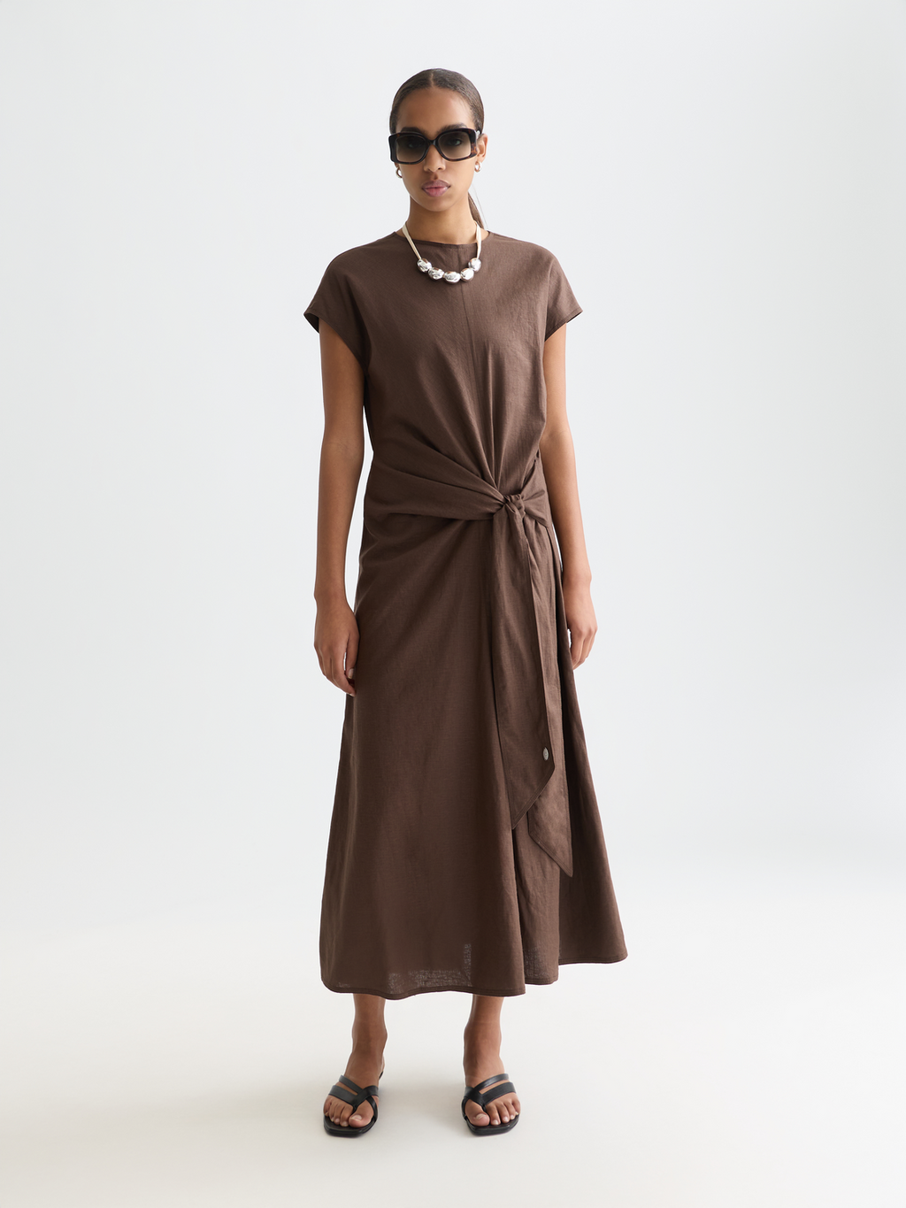 Relaxed linen blend ankle length tie dress