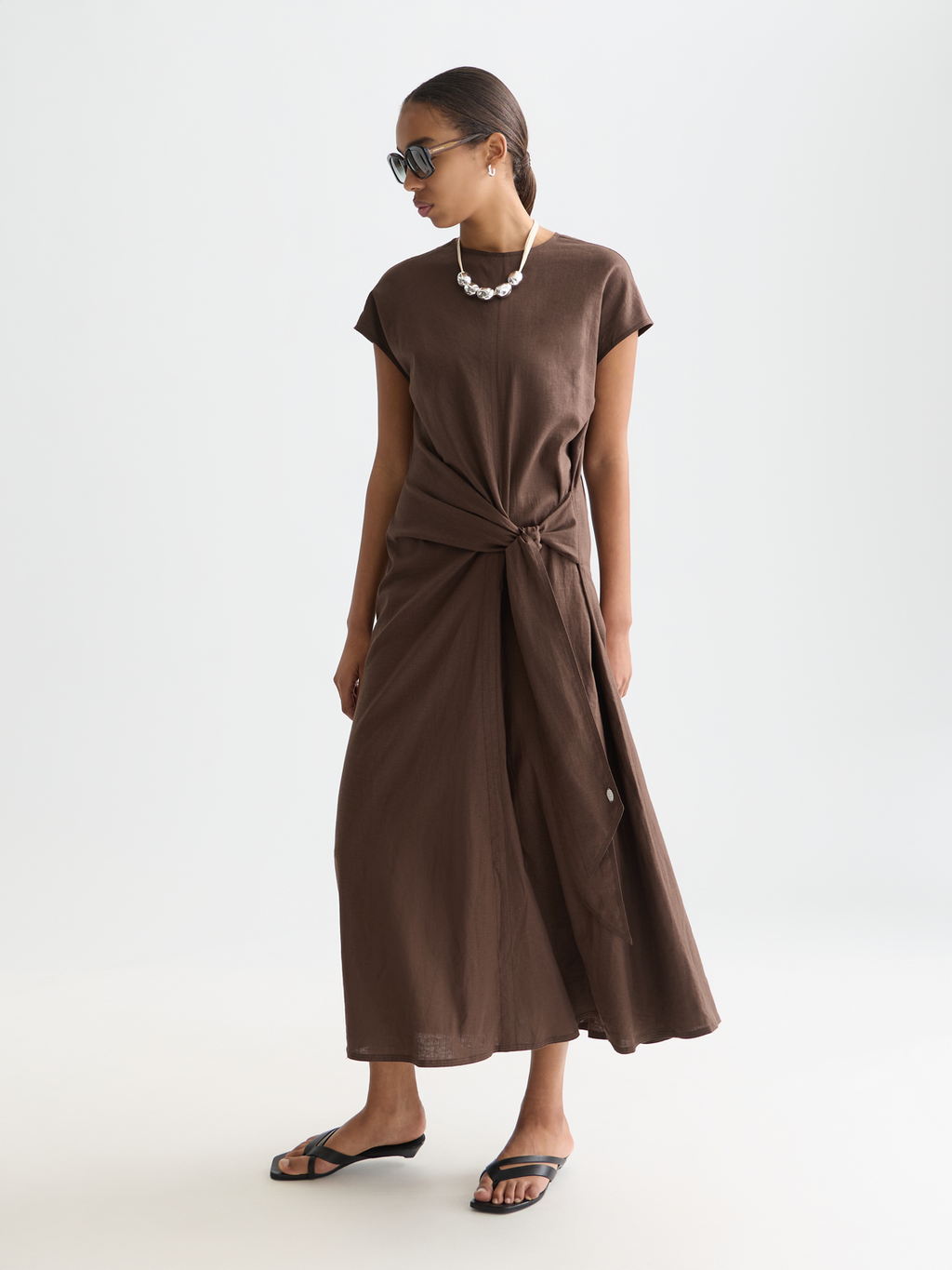 Relaxed linen blend ankle length tie dress