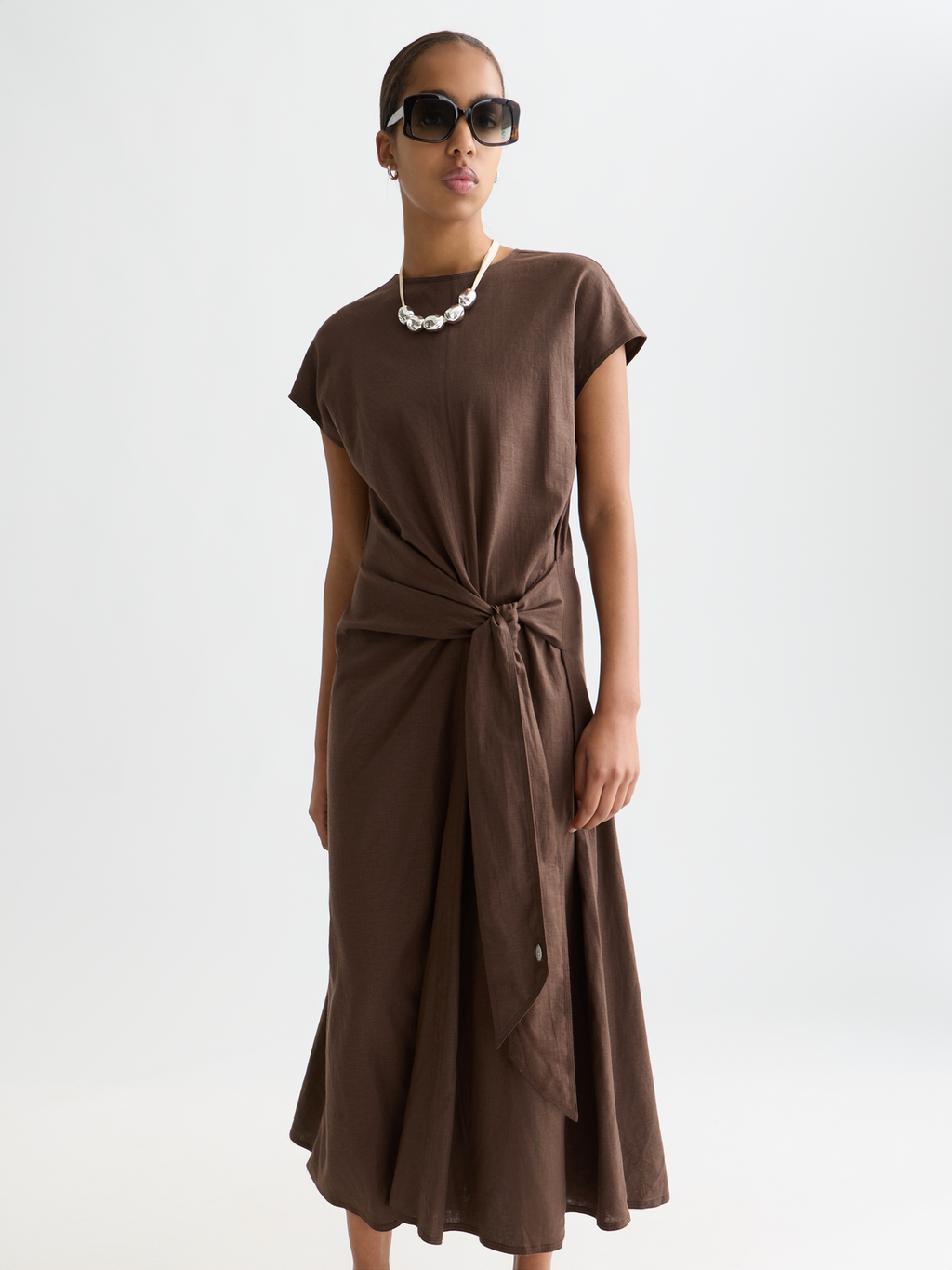 Relaxed linen blend ankle length tie dress