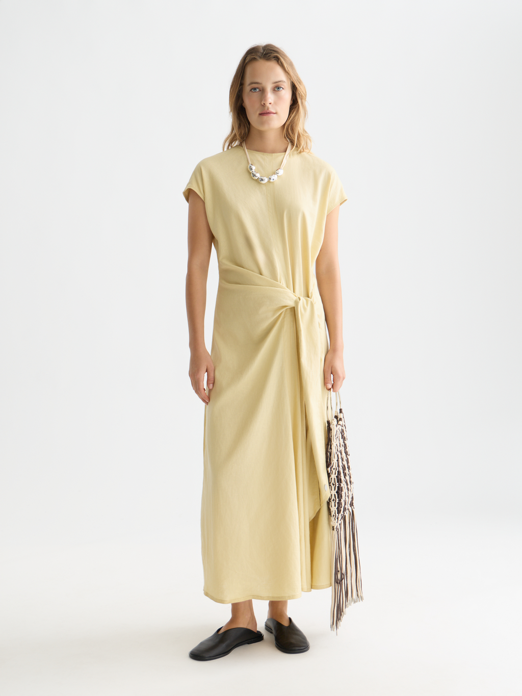 Relaxed linen blend ankle length tie dress