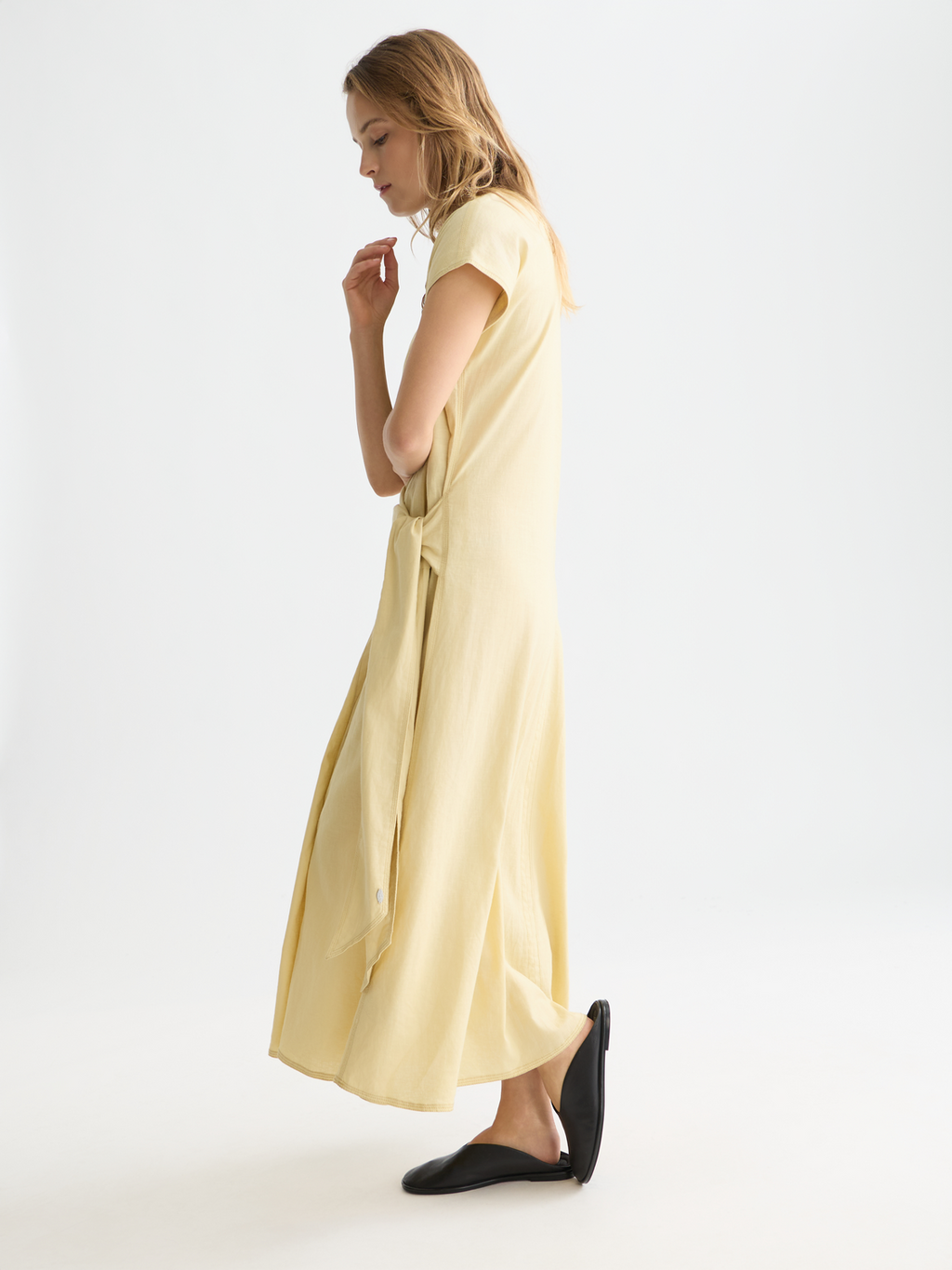 Relaxed linen blend ankle length tie dress