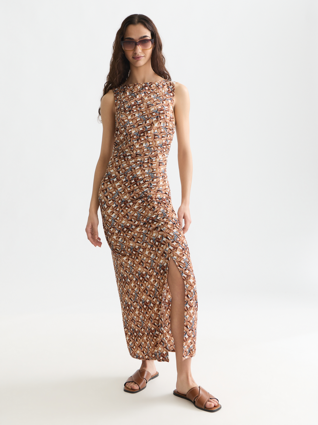 Printed textured midi dress