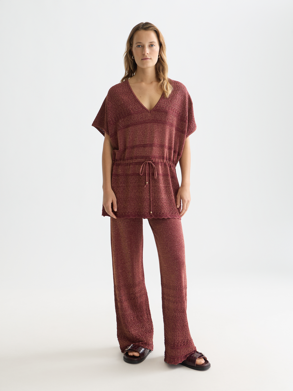 Metallic pointelle knitted trousers