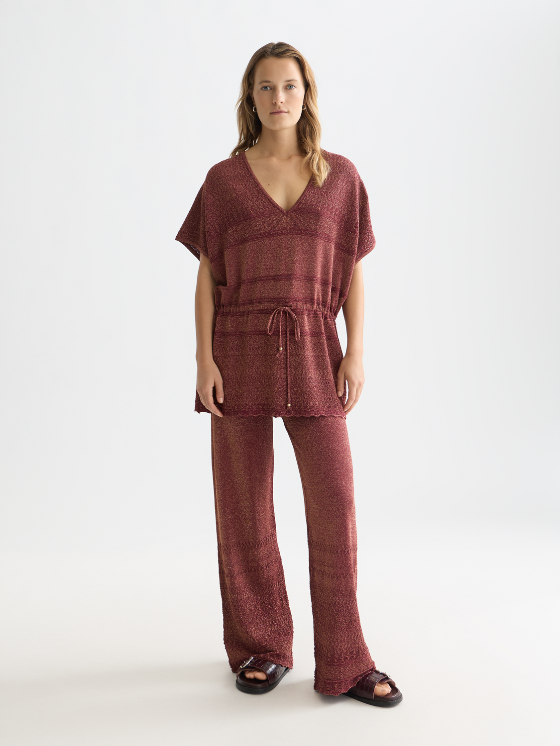 Metallic pointelle knitted trousers