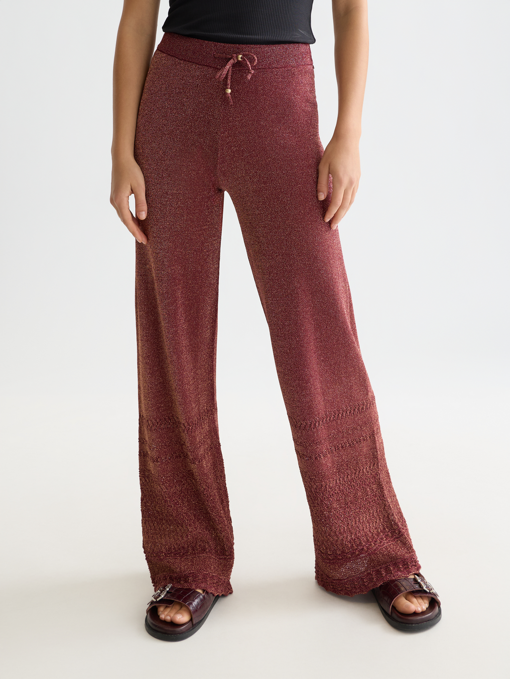 Metallic pointelle knitted trousers