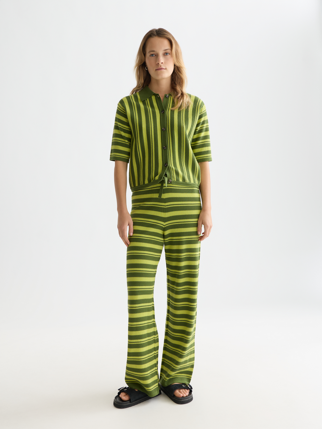 Textured stripe knitted trousers