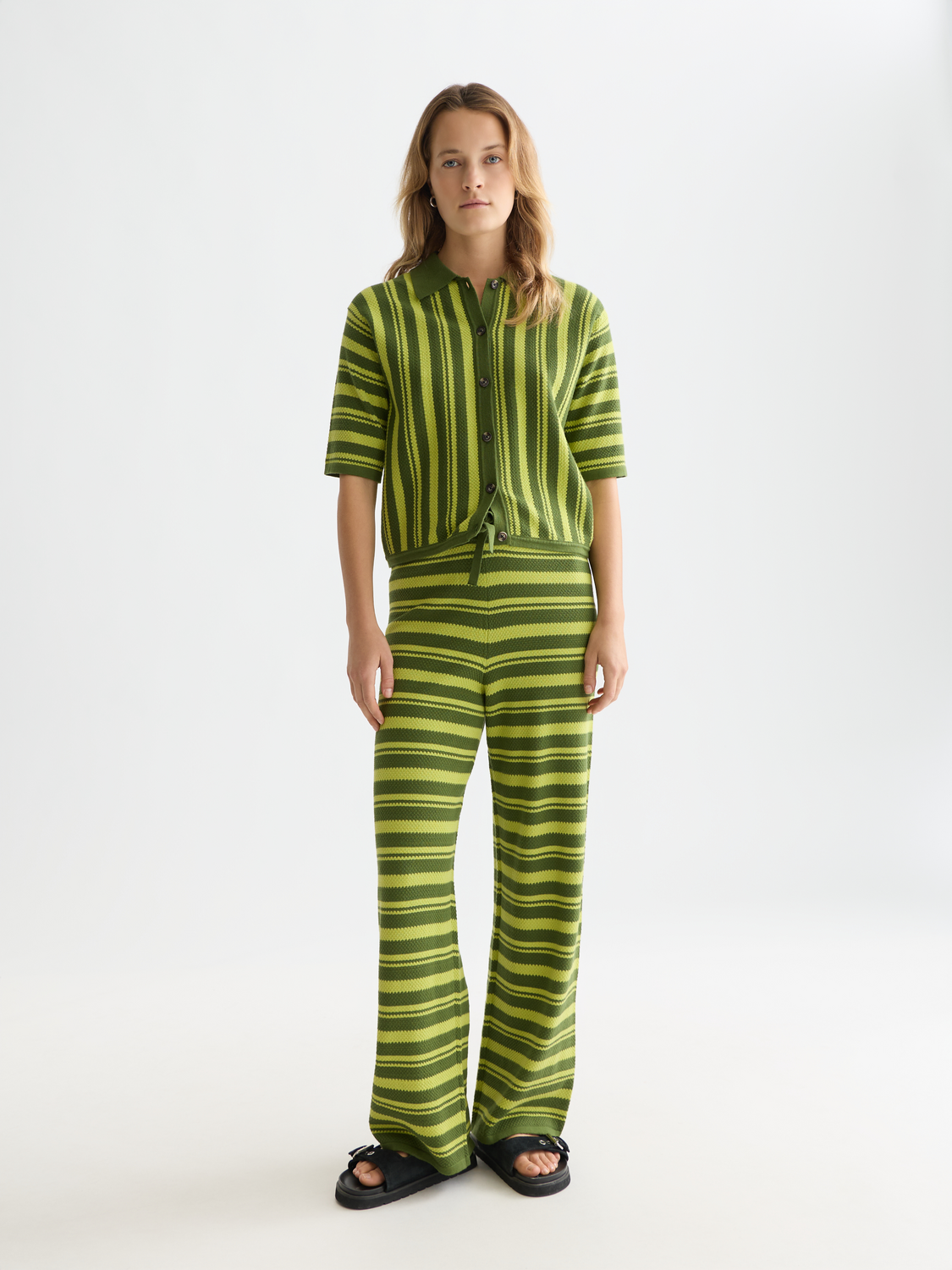 Textured stripe knitted trousers