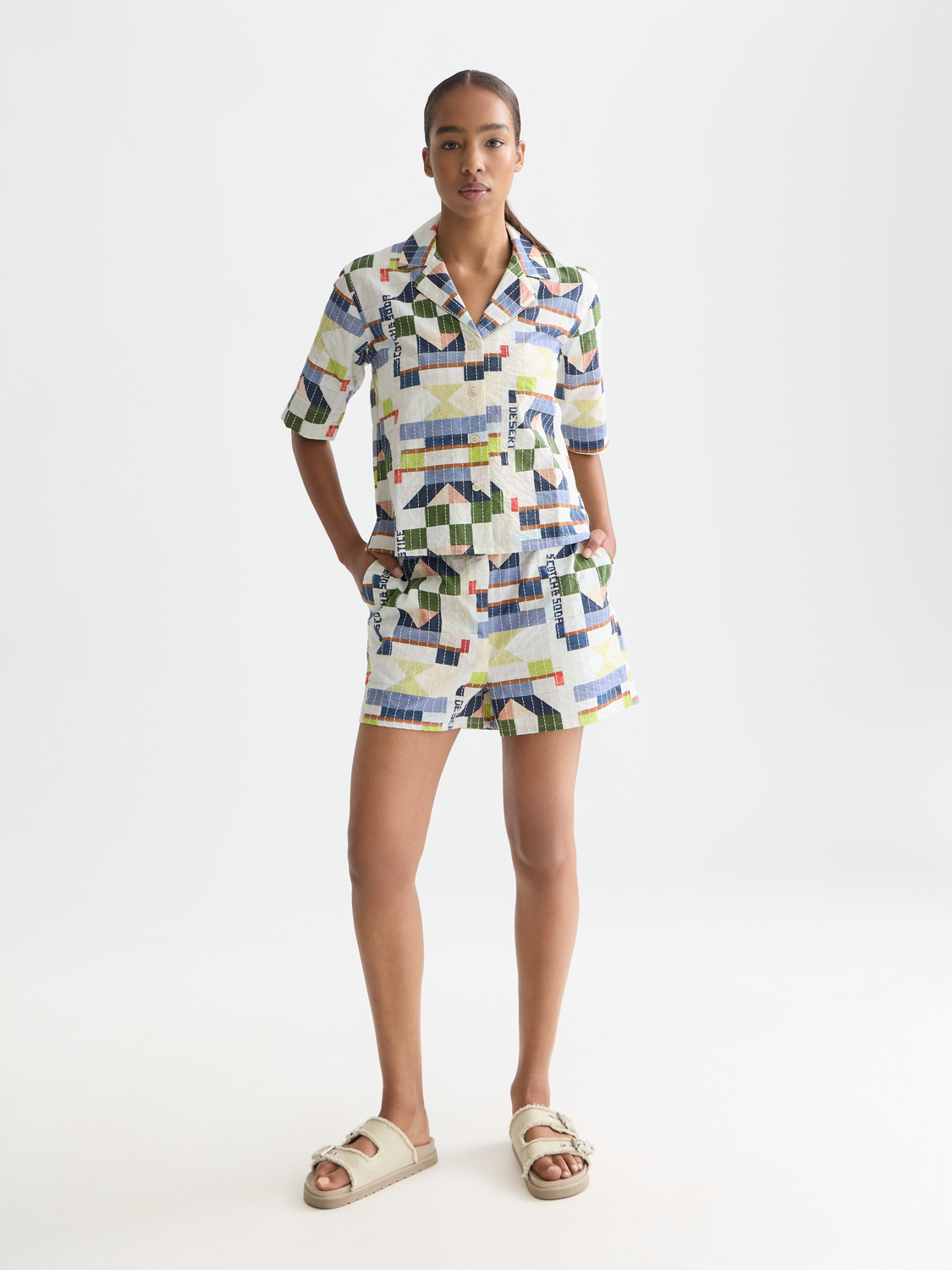 Printed and stich-embroidered shorts