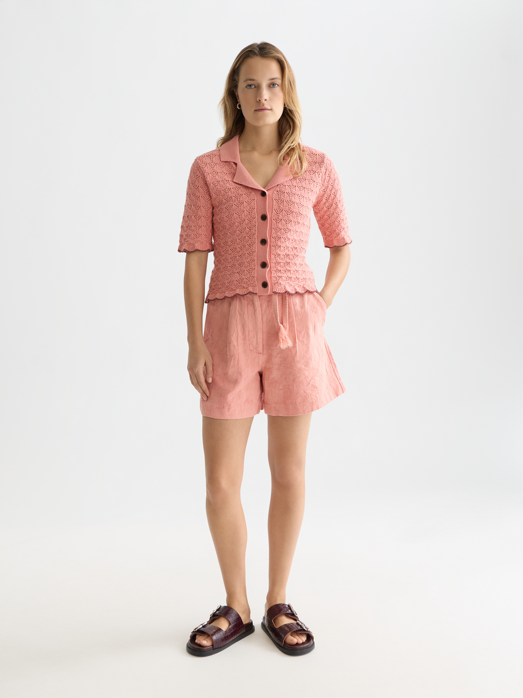 Jacquard structured high rise shorts